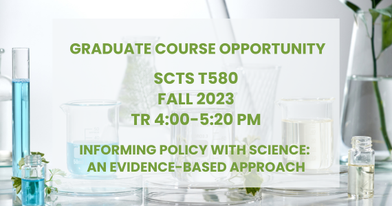A green graphic of beakers in a science lab that says "Graduate Course Opportunity - SCTST580"